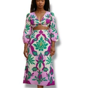 Caroline Constas Skirt Crop Top Set‎ Linen Pink Purple Green 2 Piece Size S NWT